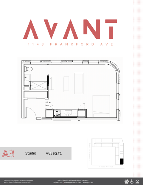 A floor plan for a studio apartment at 1148 Frankford Ave.